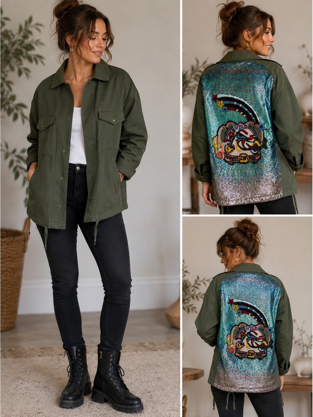 Zara Woman XS Green Utility Jacket Sequin Embroidered Wild Back Statement
